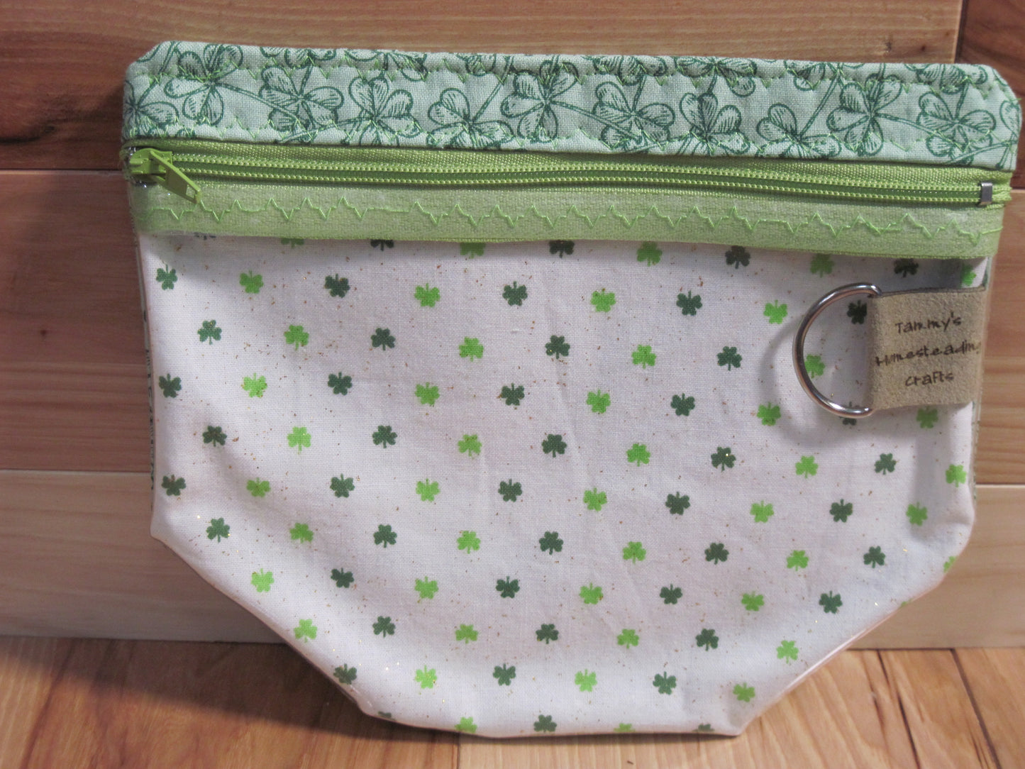 St. Patty's Day Notions bag w/ white & green tiny shamrocks/ lime zipper