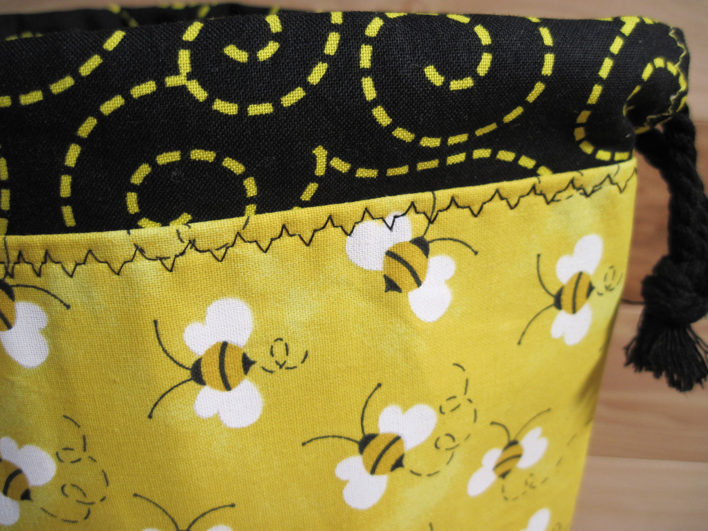 Small Drawstring Yellow Bees w/ bee tracks/ black drawstring project bags
