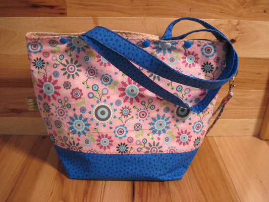 Large Pink flower/circles/ blue/ snaps & removable handles project bag