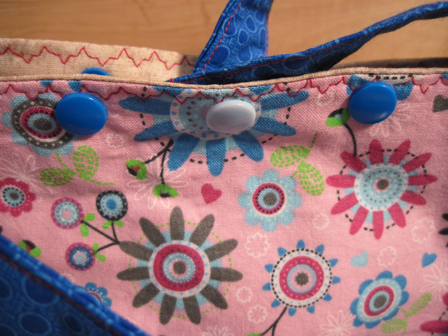 Large Pink flower/circles/ blue/ snaps & removable handles project bag